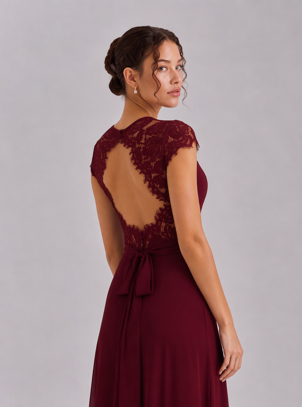 Rae Sera Felicity Lace-Back Chiffon Maxi Dress in burgundy