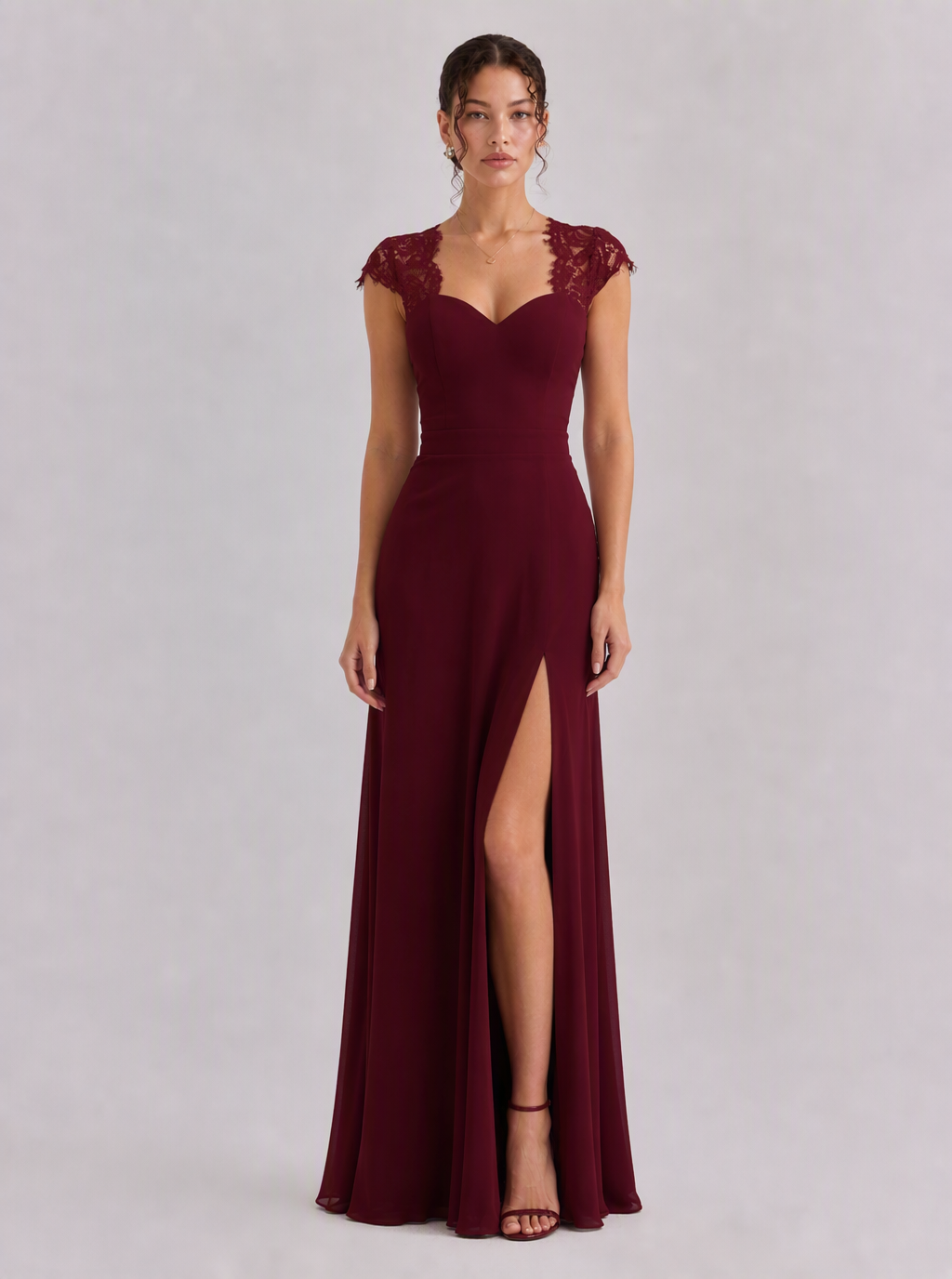 Rae Sera Felicity Lace-Back Chiffon Maxi Dress in burgundy