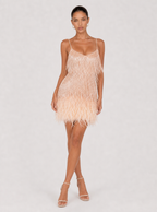 Rae Sera Zelie Feather-Hem Sequin Mini Dress in champagne gold