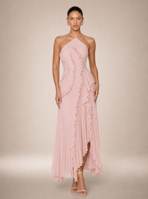 Rae Sera Sereine Ruffle Halter Maxi Dress in pink