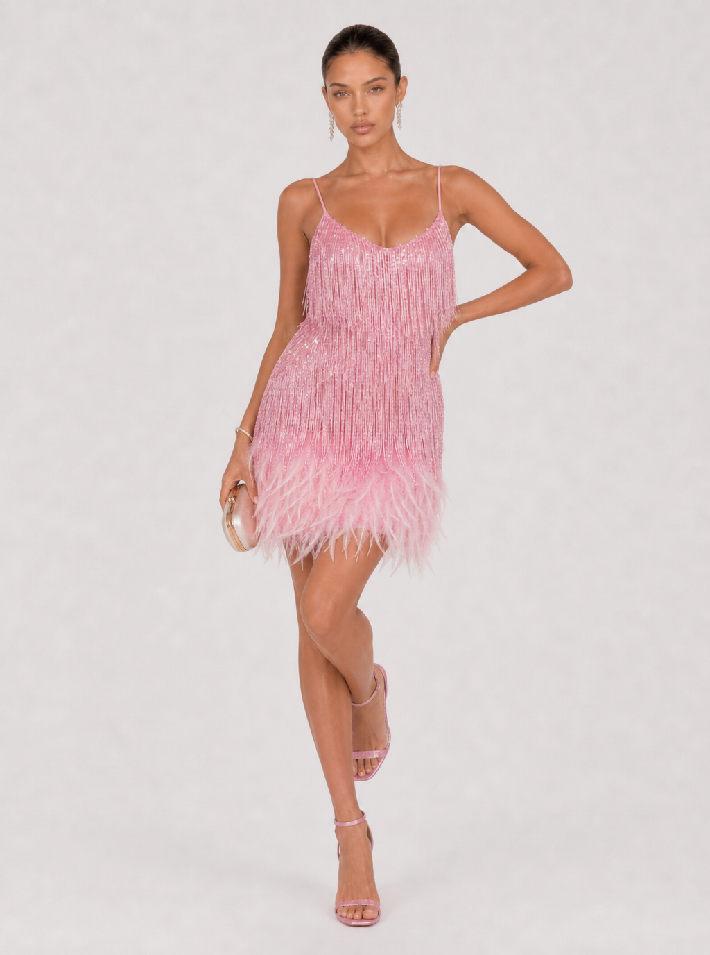 Rae Sera Zelie Feather-Hem Sequin Mini Dress in champagne gold