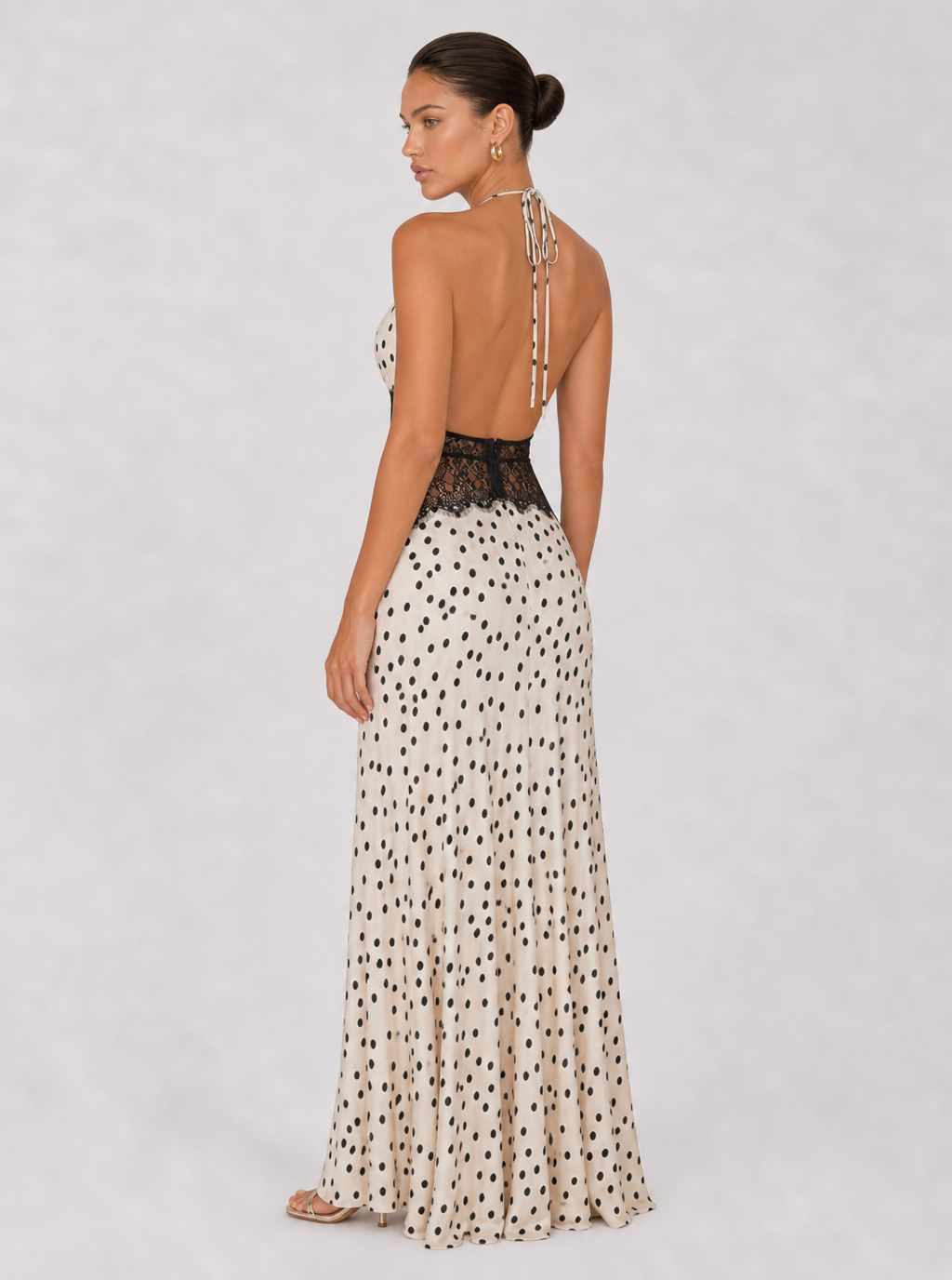 Rae Sera Aurelia Lace-Waist Halter Maxi Dress in white with black dots