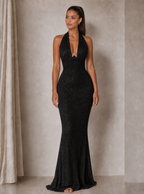 Rae Sera Anais Sequin Halter Maxi Dress in champagne gold