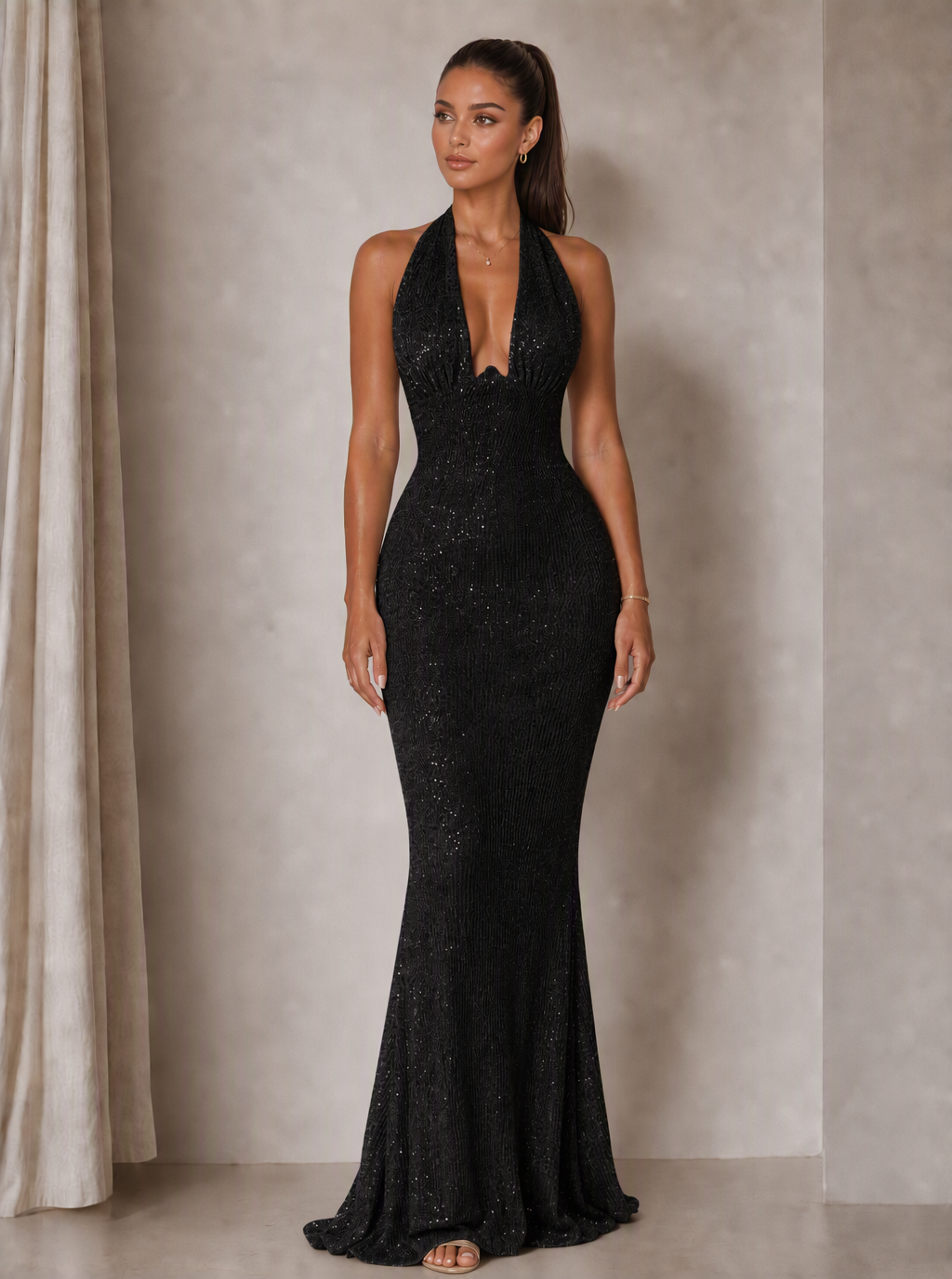 Rae Sera Anais Sequin Halter Maxi Dress in champagne gold