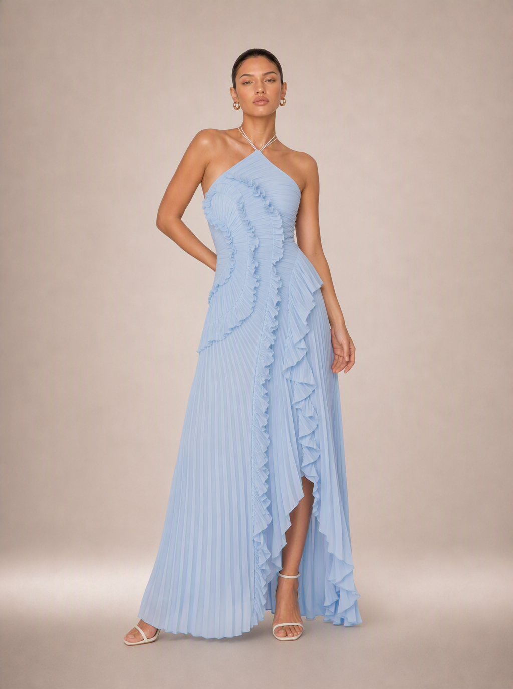 Rae Sera Sereine Ruffle Halter Maxi Dress in pink