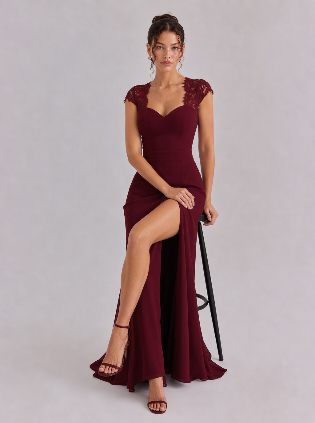 Rae Sera Felicity Lace-Back Chiffon Maxi Dress in burgundy