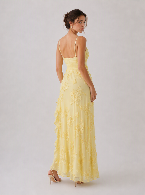 Rae Sera Elodie Embroidered Ruffle Maxi Dress in yellow