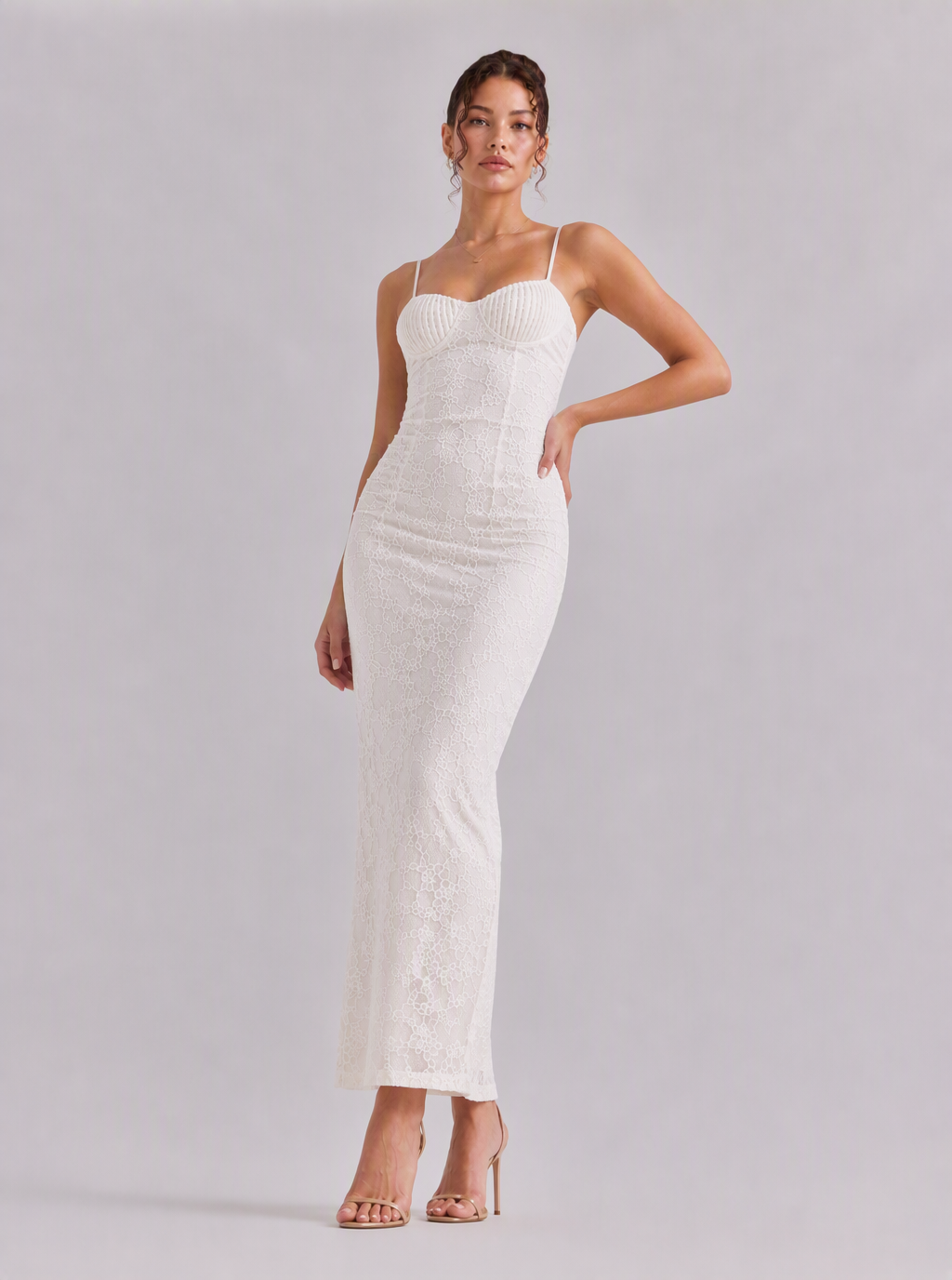 Rae Sera Amabel Lace-Up Lace Midi Dress in white