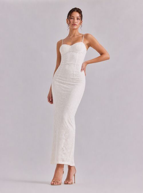 Rae Sera Amabel Lace-Up Lace Midi Dress in white