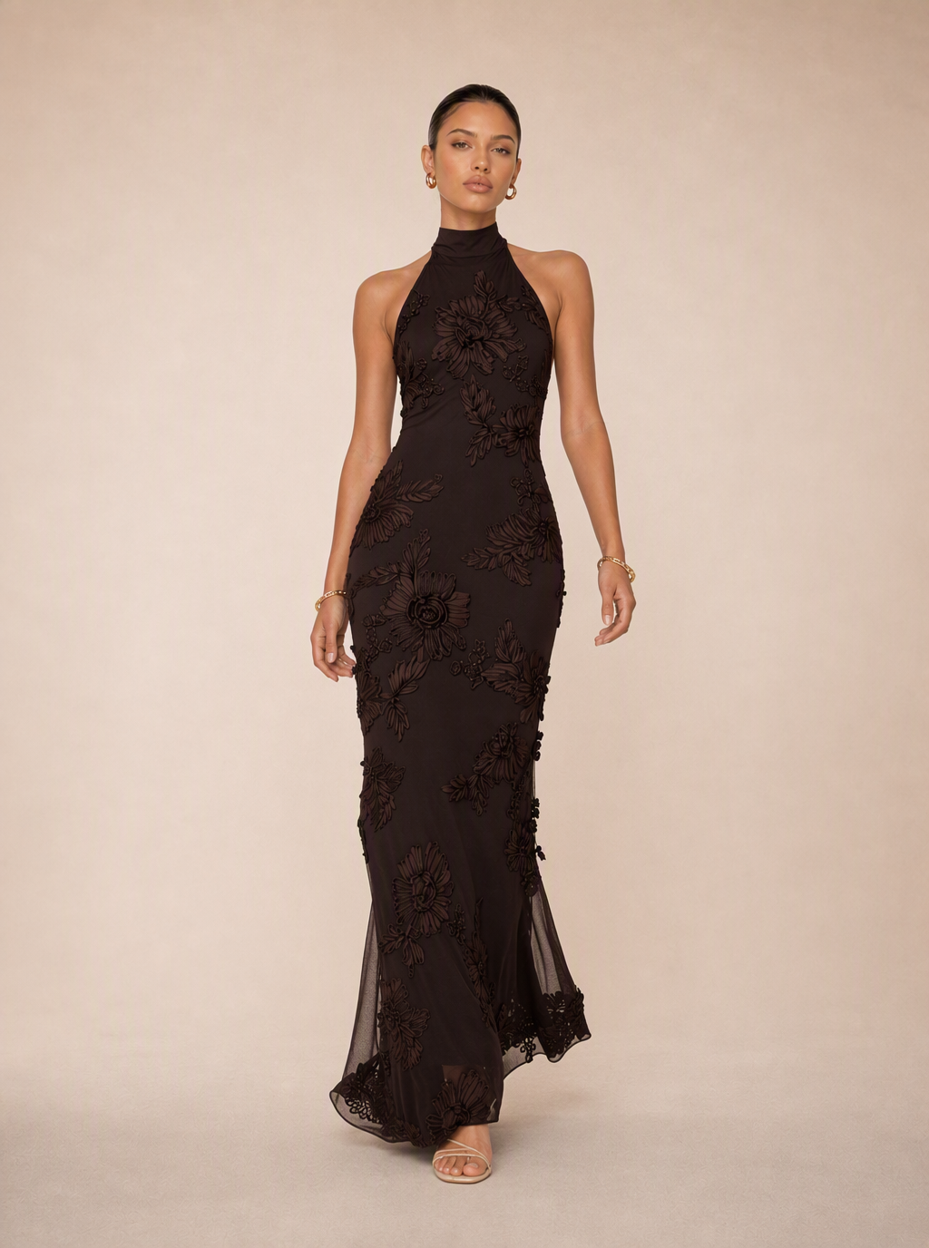 Rae Sera Ottilie Embroidered Halter Maxi Dress in chocolate brown