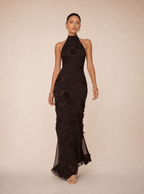 Rae Sera Ottilie Embroidered Halter Maxi Dress in chocolate brown