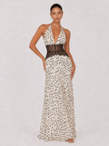 Rae Sera Aurelia Lace-Waist Halter Maxi Dress in white with black dots