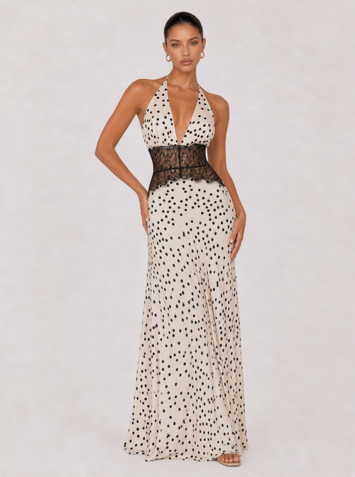 Rae Sera Aurelia Lace-Waist Halter Maxi Dress in white with black dots