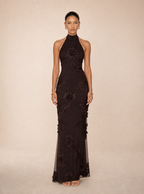 Rae Sera Ottilie Embroidered Halter Maxi Dress in chocolate brown