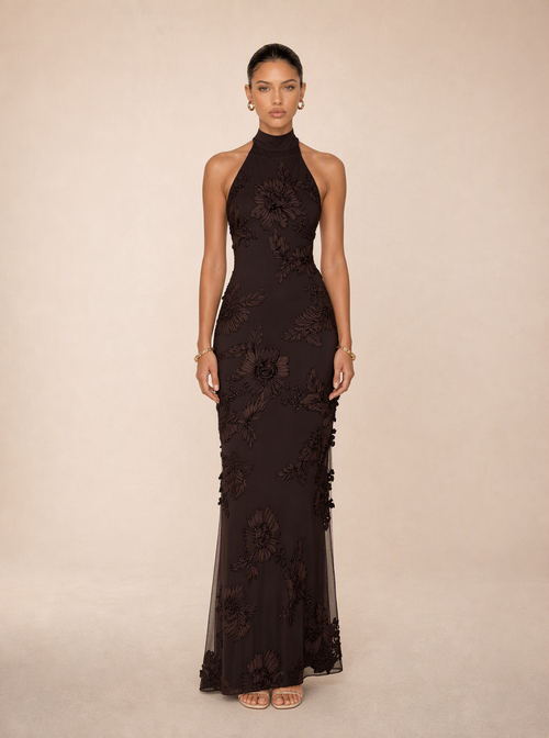 Rae Sera Ottilie Embroidered Halter Maxi Dress in chocolate brown