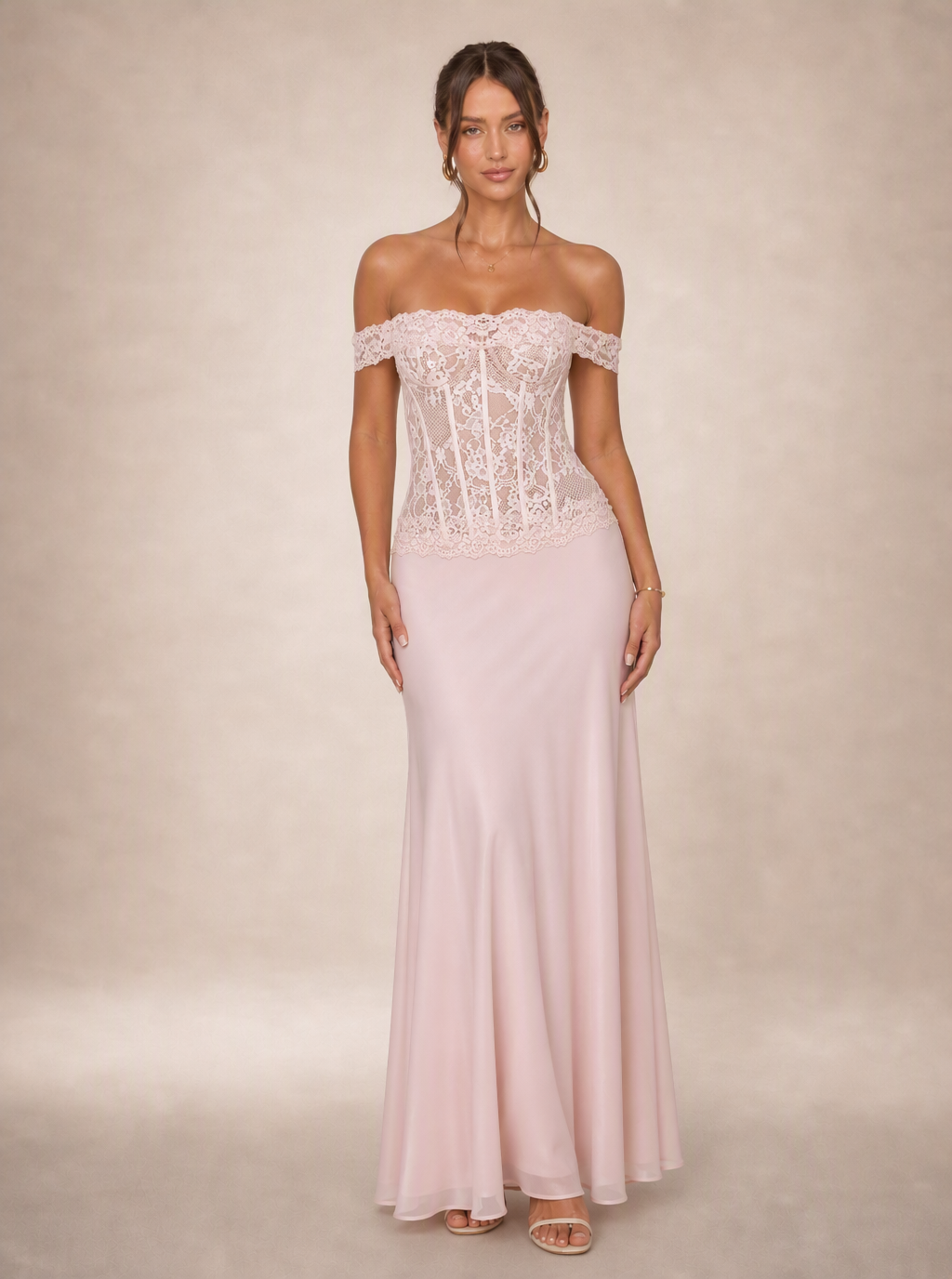 Rae Sera Eulalie Off-Shoulder Lace Maxi Dress in pink