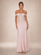 Rae Sera Eulalie Off-Shoulder Lace Maxi Dress in pink