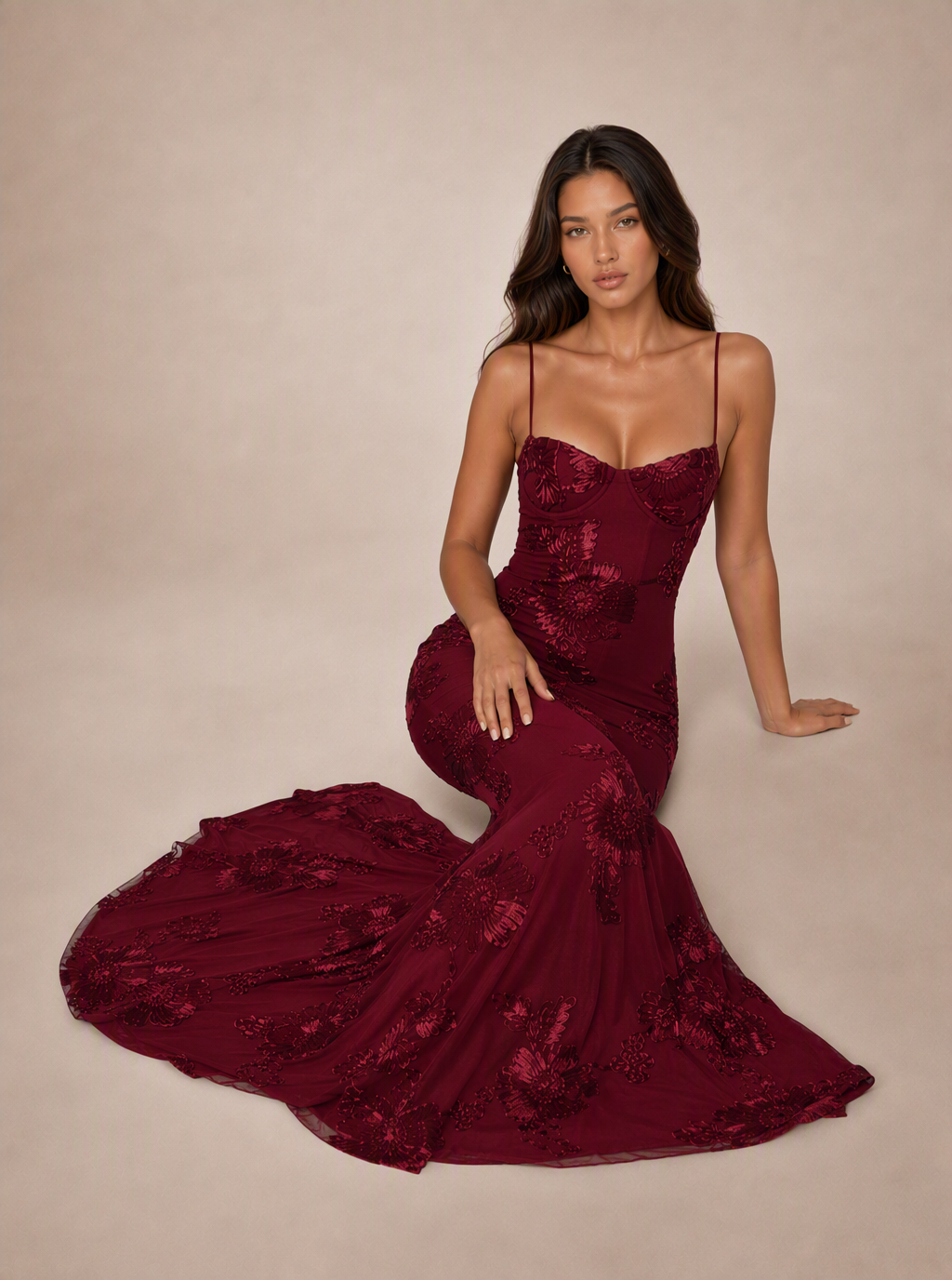 Rae Sera Lavinia Embroidered Mermaid Maxi Dress in burgundy
