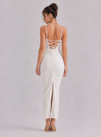 Rae Sera Amabel Lace-Up Lace Midi Dress in white