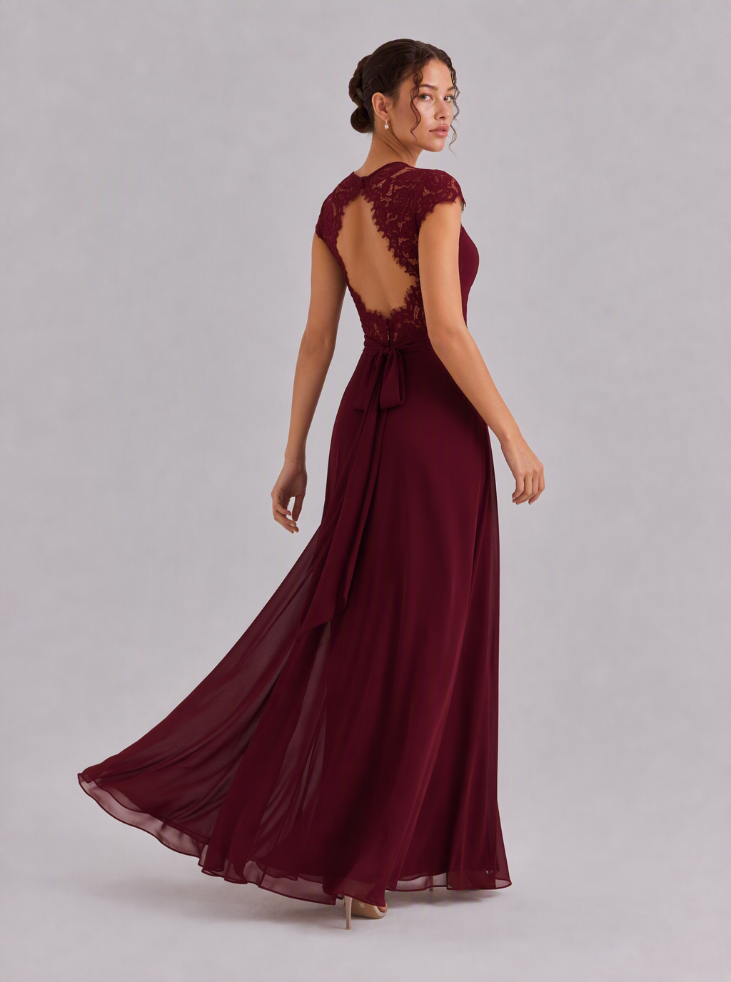 Rae Sera Felicity Lace-Back Chiffon Maxi Dress in burgundy