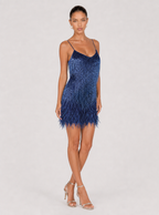Rae Sera Zelie Feather-Hem Sequin Mini Dress in champagne gold