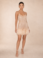 Rae Sera Zelie Feather-Hem Sequin Mini Dress in champagne gold
