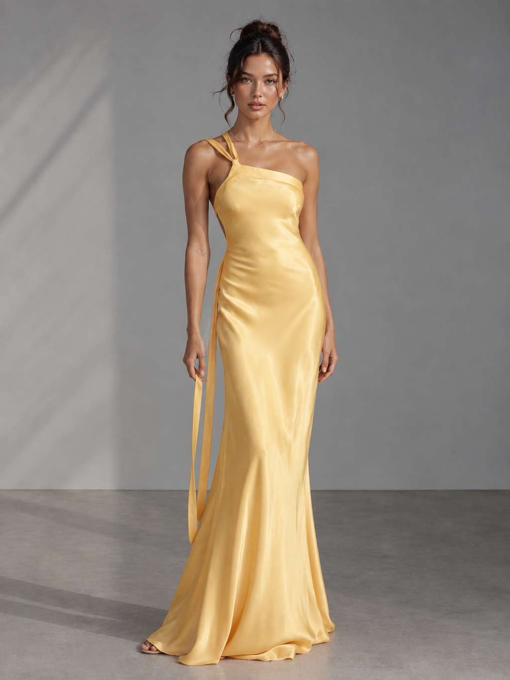 Rae Sera Solene One-Shoulder Satin Maxi Dress in yellow