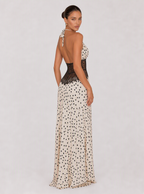 Rae Sera Aurelia Lace-Waist Halter Maxi Dress in white with black dots