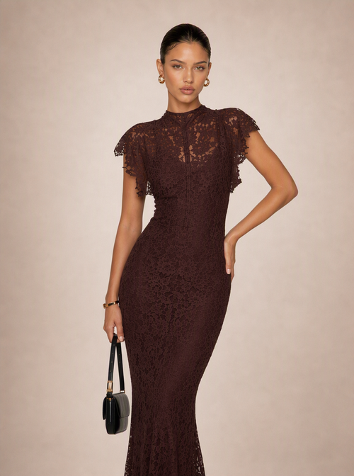 Rae Sera Lucienne High-Neck Lace Maxi Dress in brown