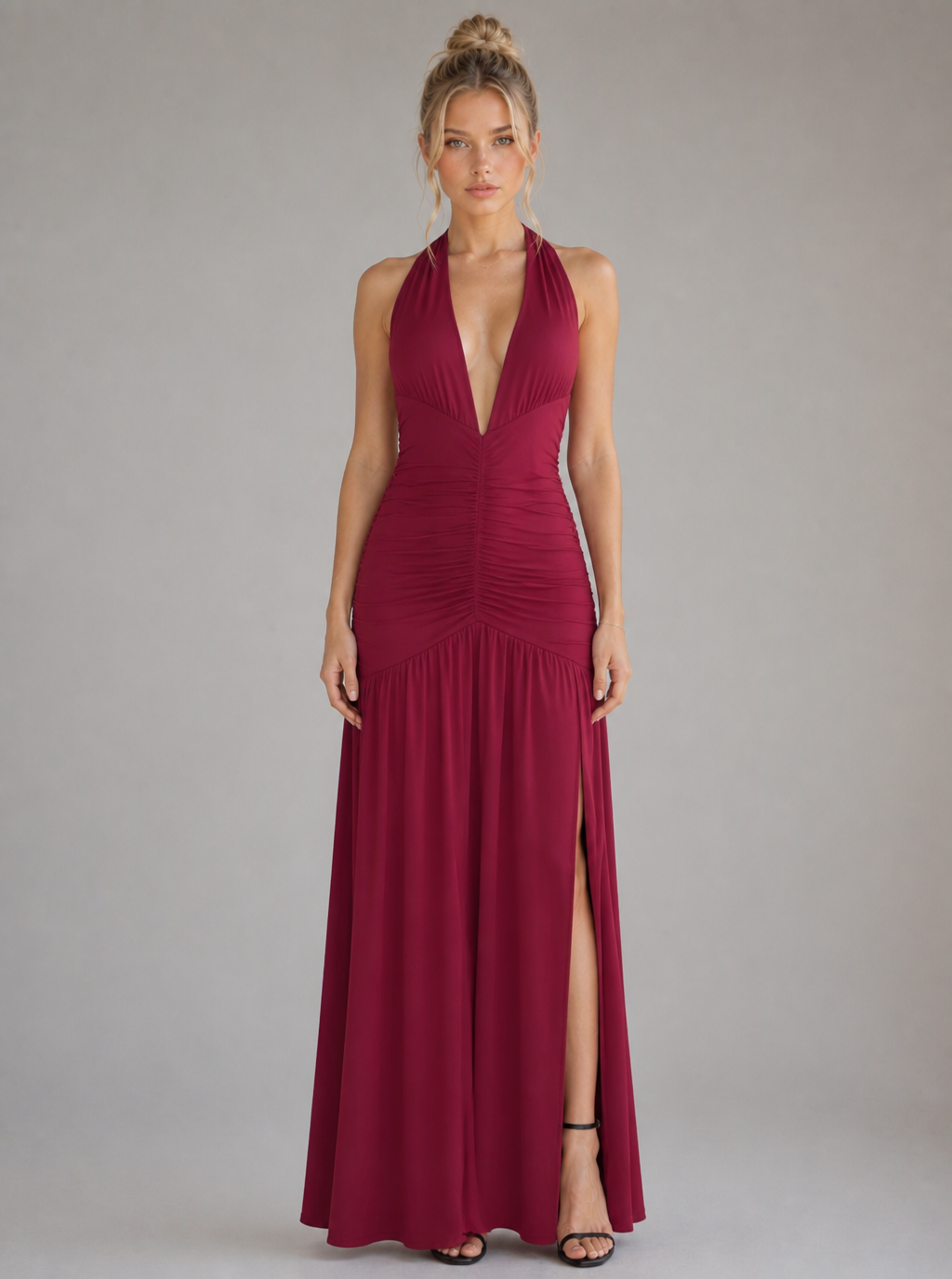 Rae Sera Mireille Halter Split Maxi Dress in magenta