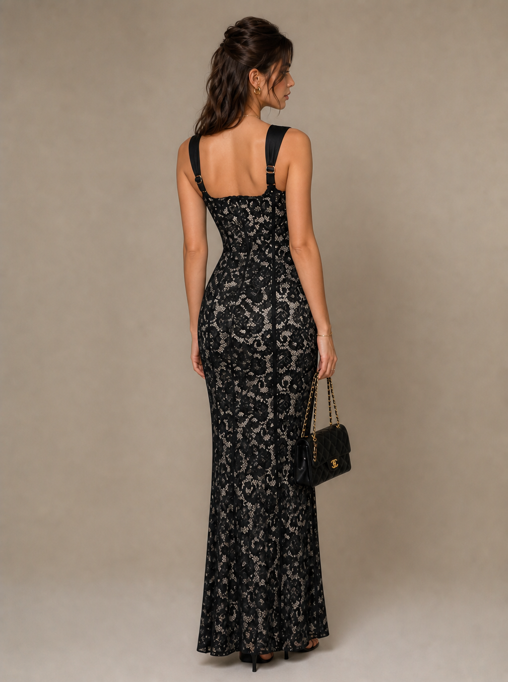 Rae Sera Delphine Sweetheart Lace Maxi Dress in black