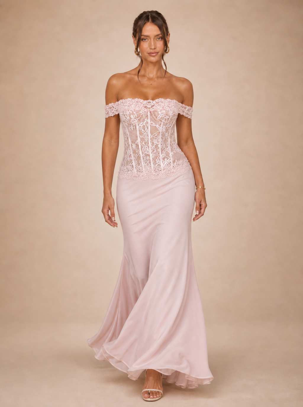Rae Sera Eulalie Off-Shoulder Lace Maxi Dress in pink