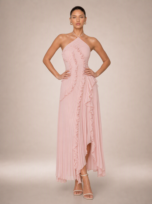 Rae Sera Sereine Ruffle Halter Maxi Dress in pink