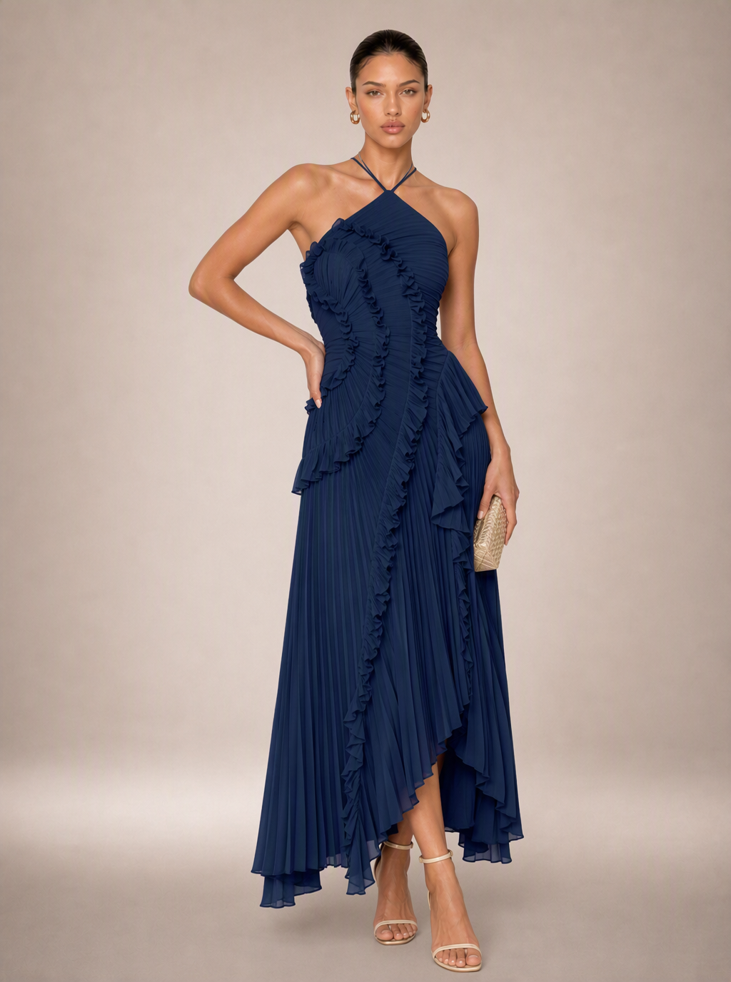 Rae Sera Sereine Ruffle Halter Maxi Dress in pink