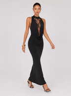 Rae Sera Cecily Draped Lace-Panel Maxi Dress in black