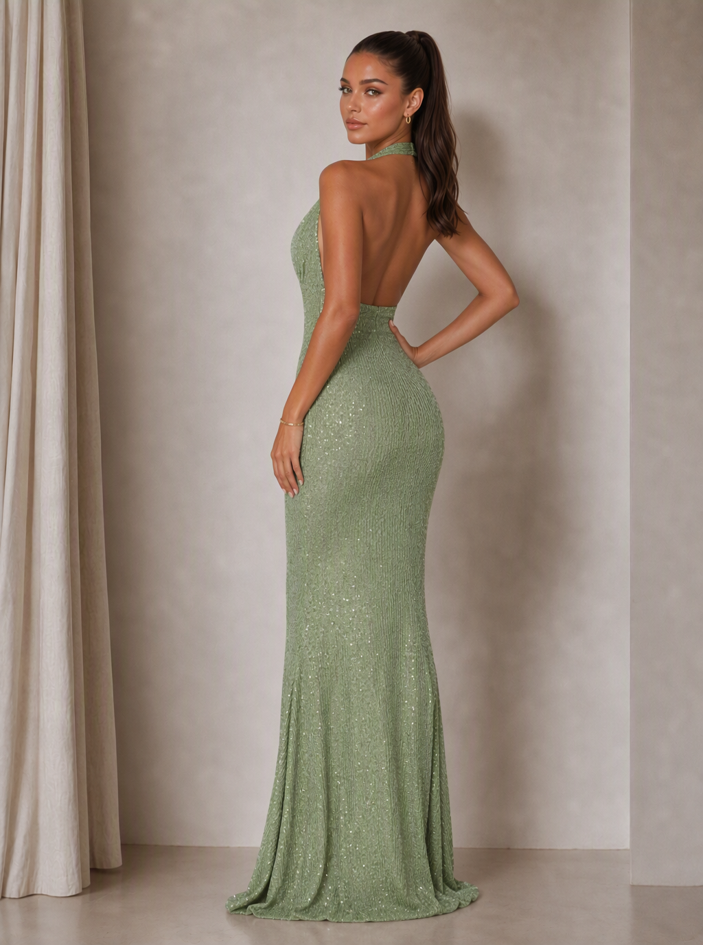 Rae Sera Anais Sequin Halter Maxi Dress in champagne gold