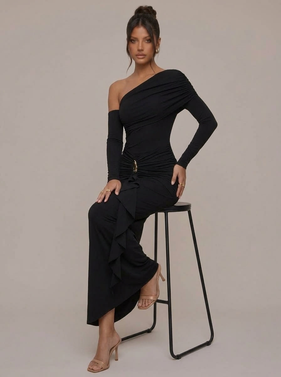 Adeline Asymmetric Ruched Maxi Dress