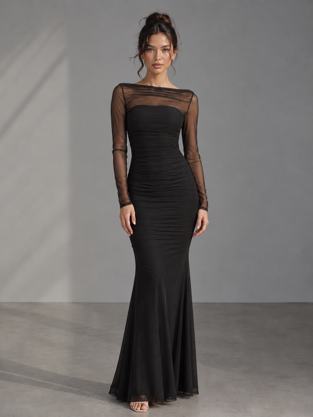 Rae Sera Odette Sheer-Sleeve Ruched Maxi Dress in black