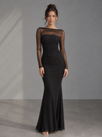 Rae Sera Odette Sheer-Sleeve Ruched Maxi Dress in black