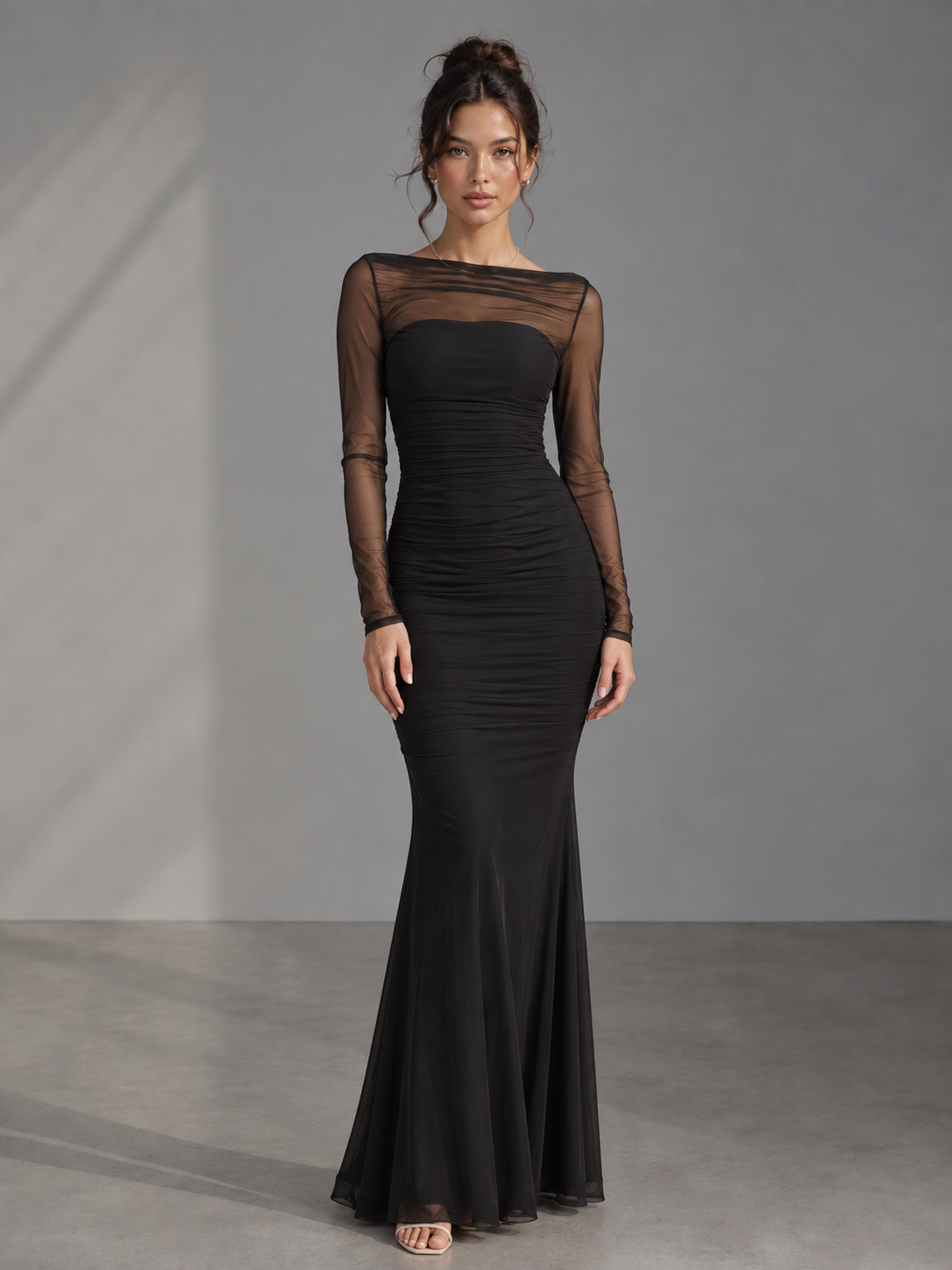 Rae Sera Odette Sheer-Sleeve Ruched Maxi Dress in black