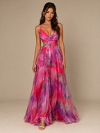 Rae Sera Isadora Watercolor Cutout Maxi Dress in red and pink