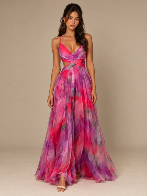 Rae Sera Isadora Watercolor Cutout Maxi Dress in red and pink