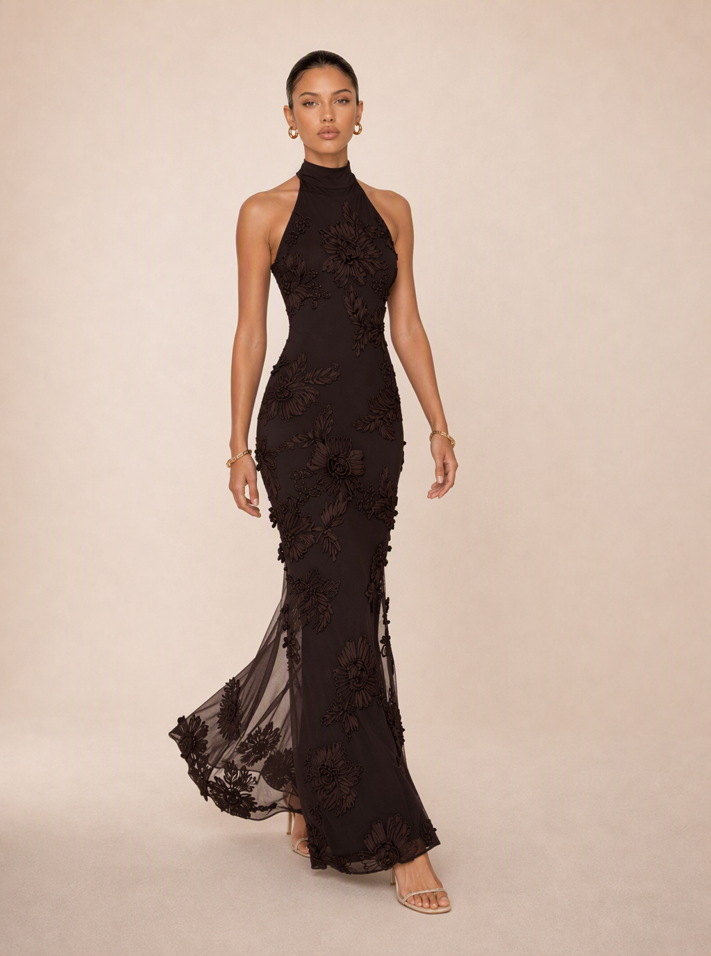 Rae Sera Ottilie Embroidered Halter Maxi Dress in chocolate brown