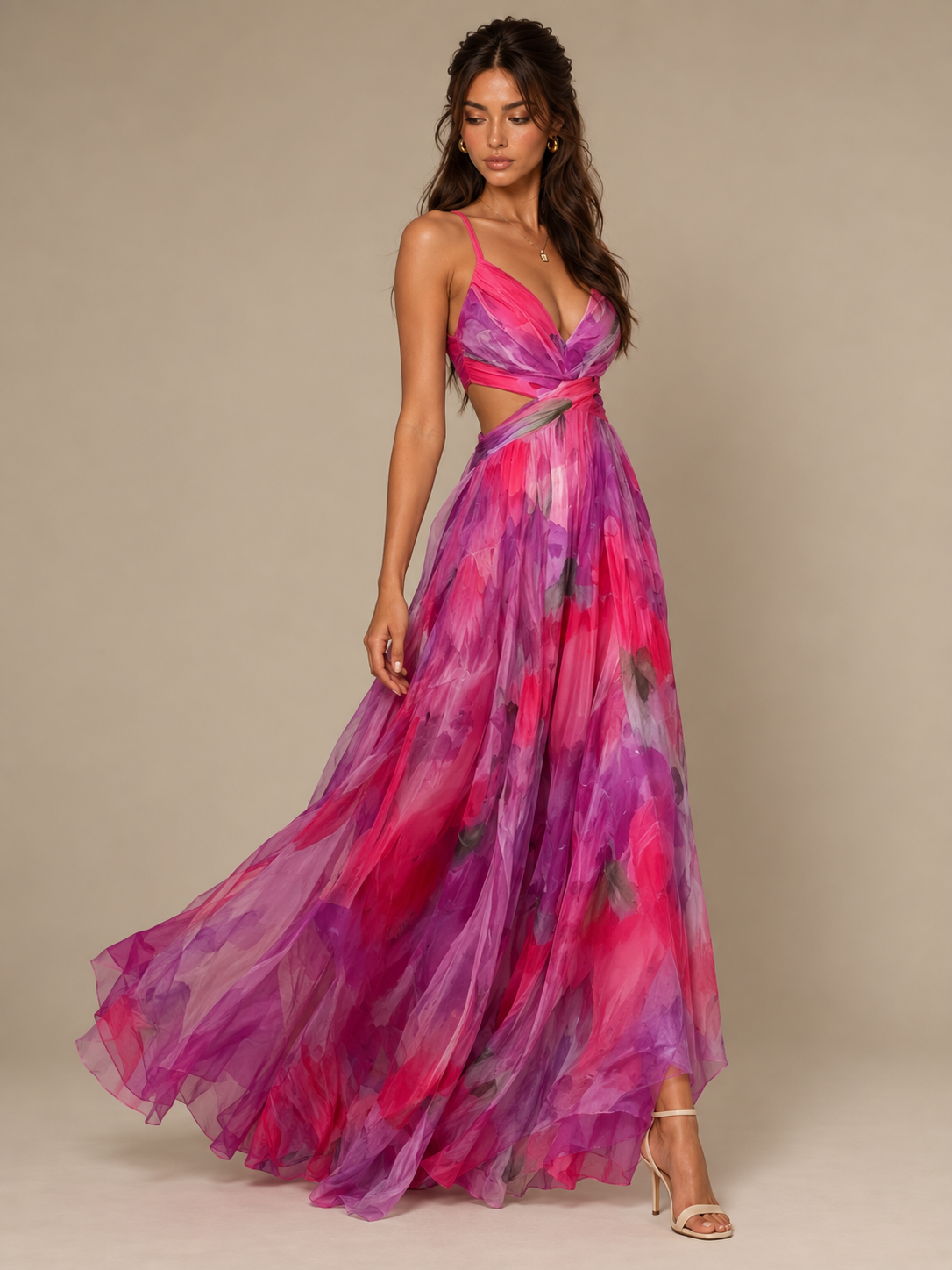 Rae Sera Isadora Watercolor Cutout Maxi Dress in red and pink