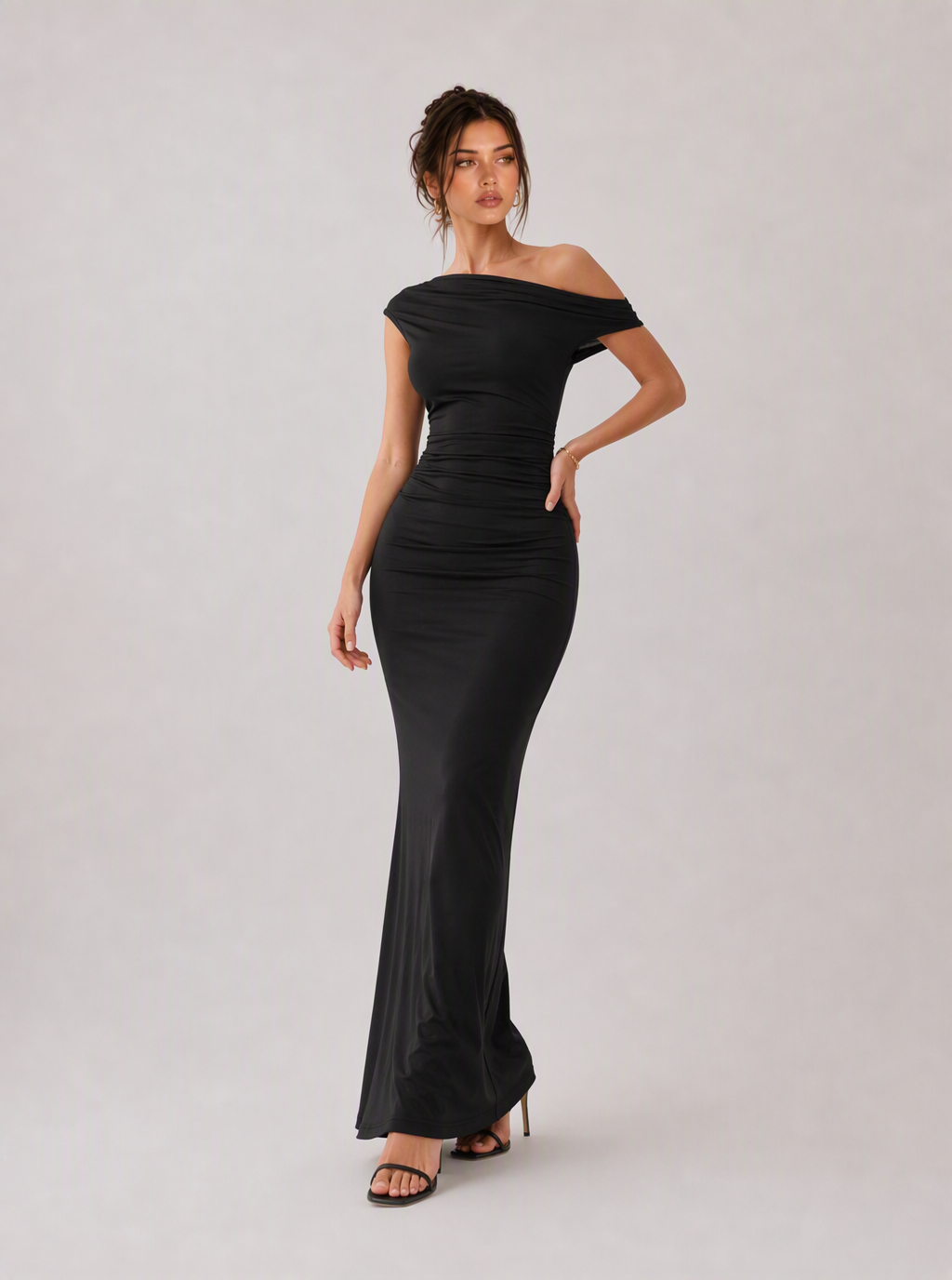 Rae Sera Sabine Asymmetric Ruched Maxi Dress in black