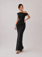 Rae Sera Sabine Asymmetric Ruched Maxi Dress in black