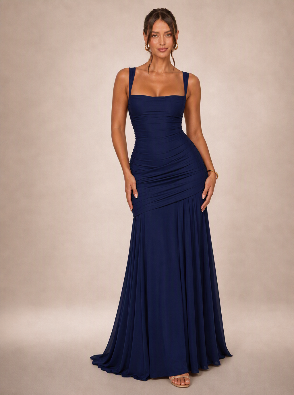 Rae Sera Romilly Ruched Split Maxi Dress in burgundy