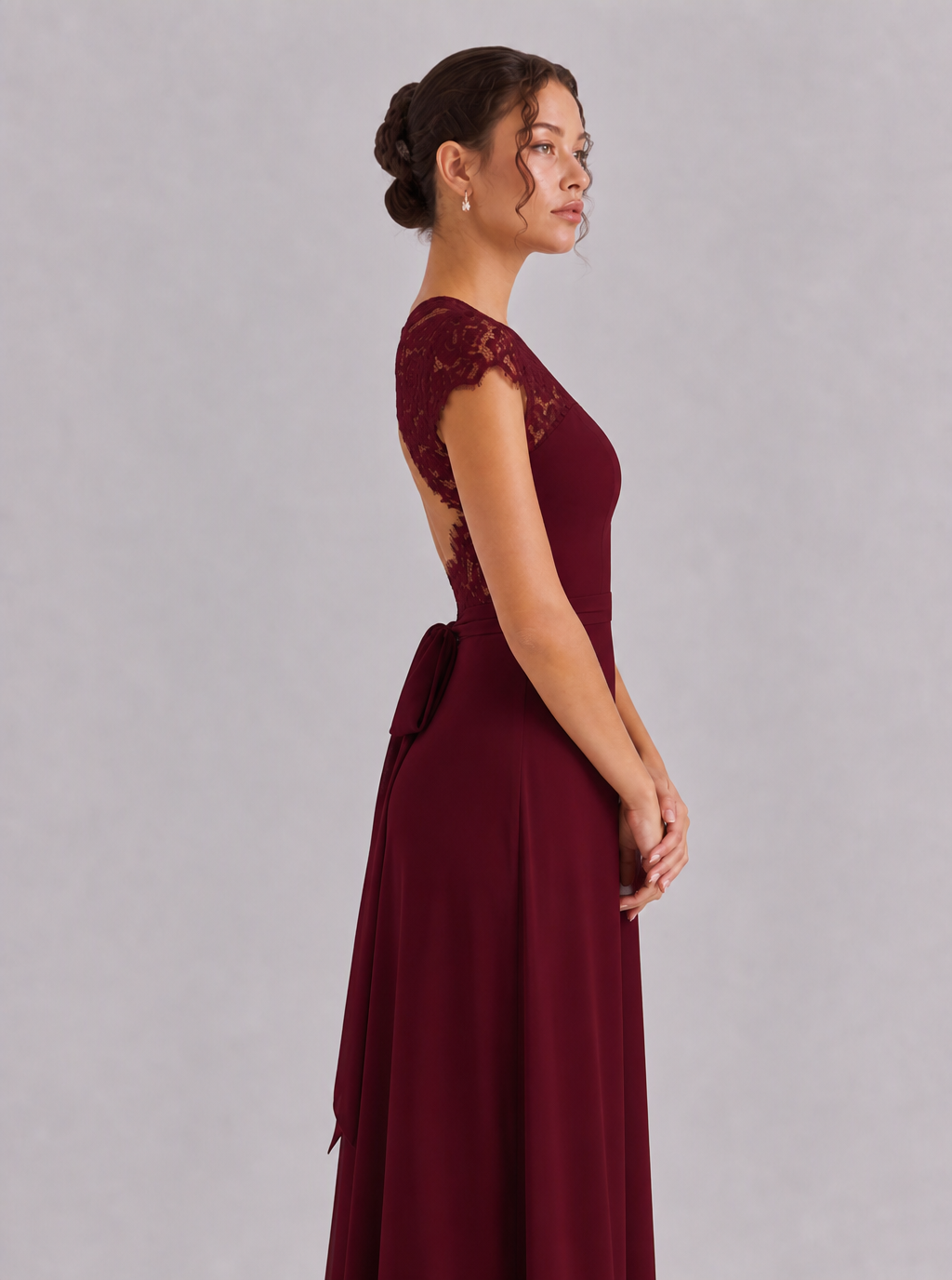 Rae Sera Felicity Lace-Back Chiffon Maxi Dress in burgundy
