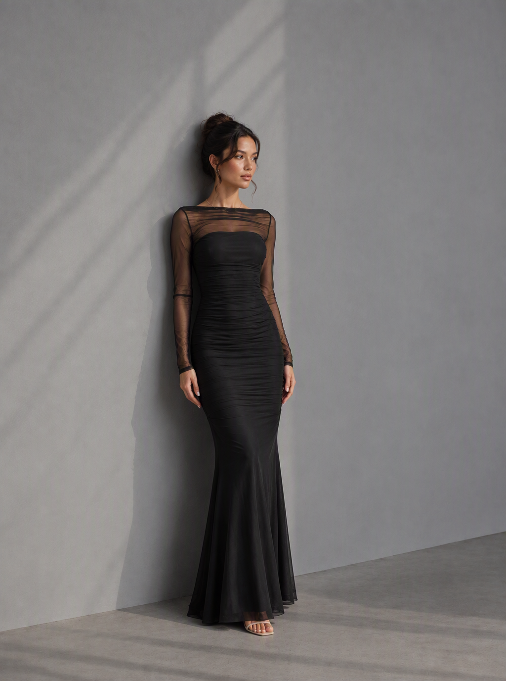 Rae Sera Odette Sheer-Sleeve Ruched Maxi Dress in black