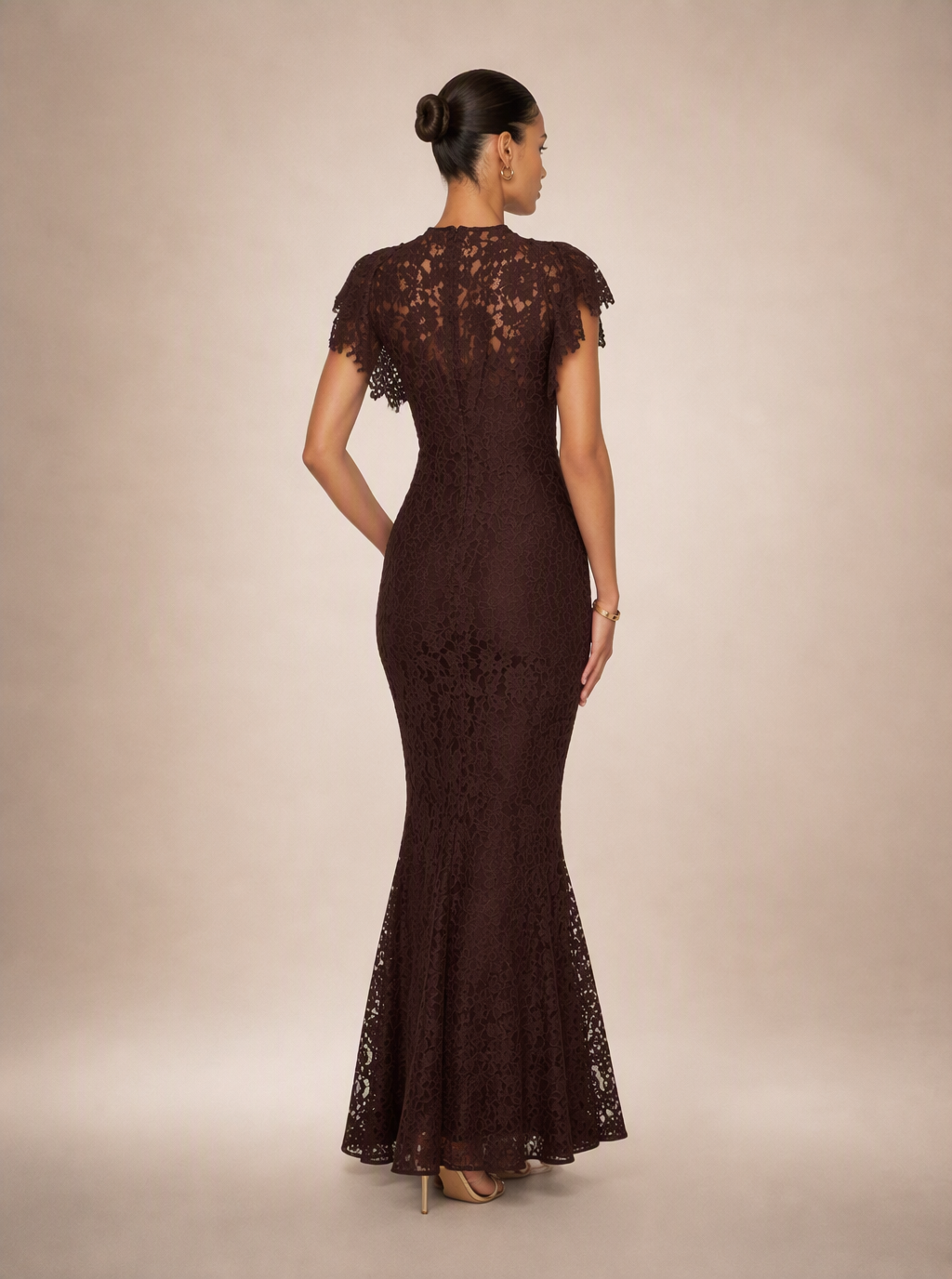 Rae Sera Lucienne High-Neck Lace Maxi Dress in brown